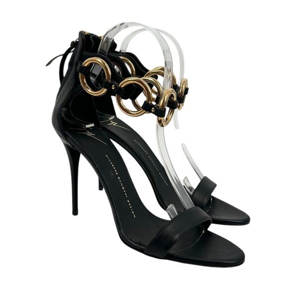 NWOB Giuseppe Zanotti Chain-Link Ring Ankle Strap Black Heeled Sandals - Picture 1 of 11